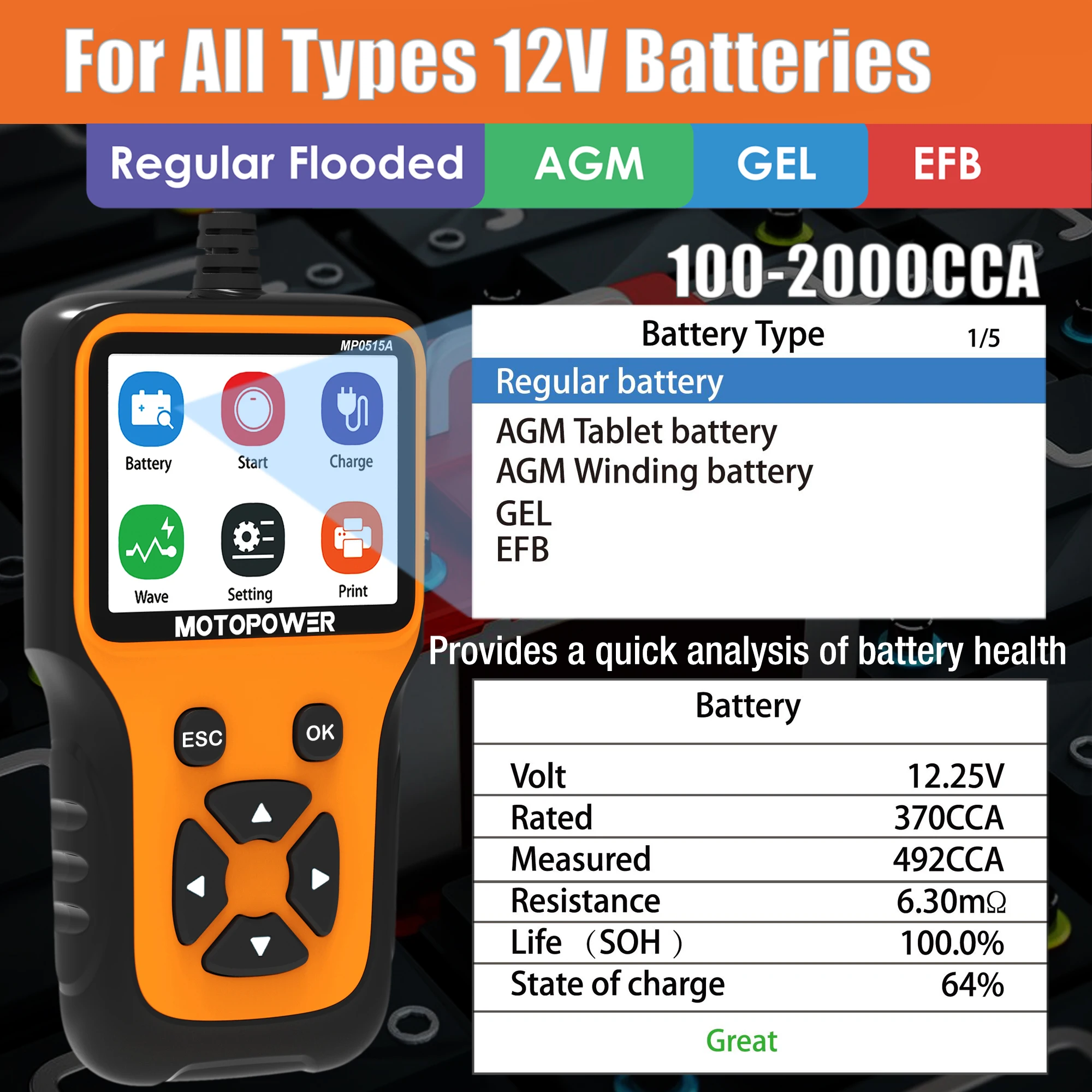 MOTOPOWER 12V Car Battery Tester Automotive 100-2000 CCA Battery Load Tester Auto Cranking and Charging System Test Scan