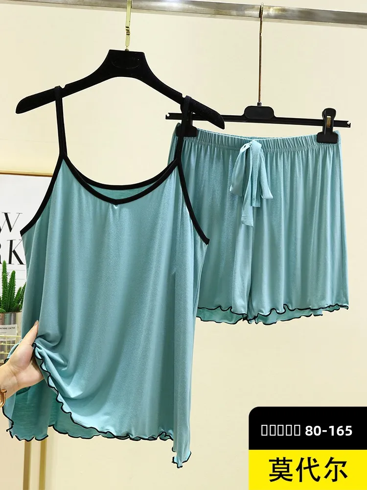 

Modal V-Ne Strap Home Clothes Set Women Summer Thin Svel Large Size Pure Color Flng Nightgown Two-Piece Set