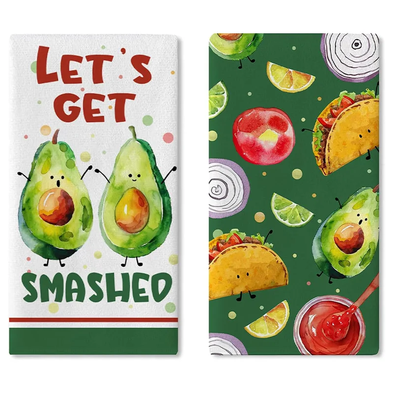2-Pack Green Vegetable Fruit Avocado Taco Household Simple Cleaning Cloth\Scouring Pad\Dishcloth\Tea Towel, Used for Washing and Drying Household Items, Soft Absorbent Drying Cloth, Does Not Shed Lint, Does Not Fade, and Can Be Reused