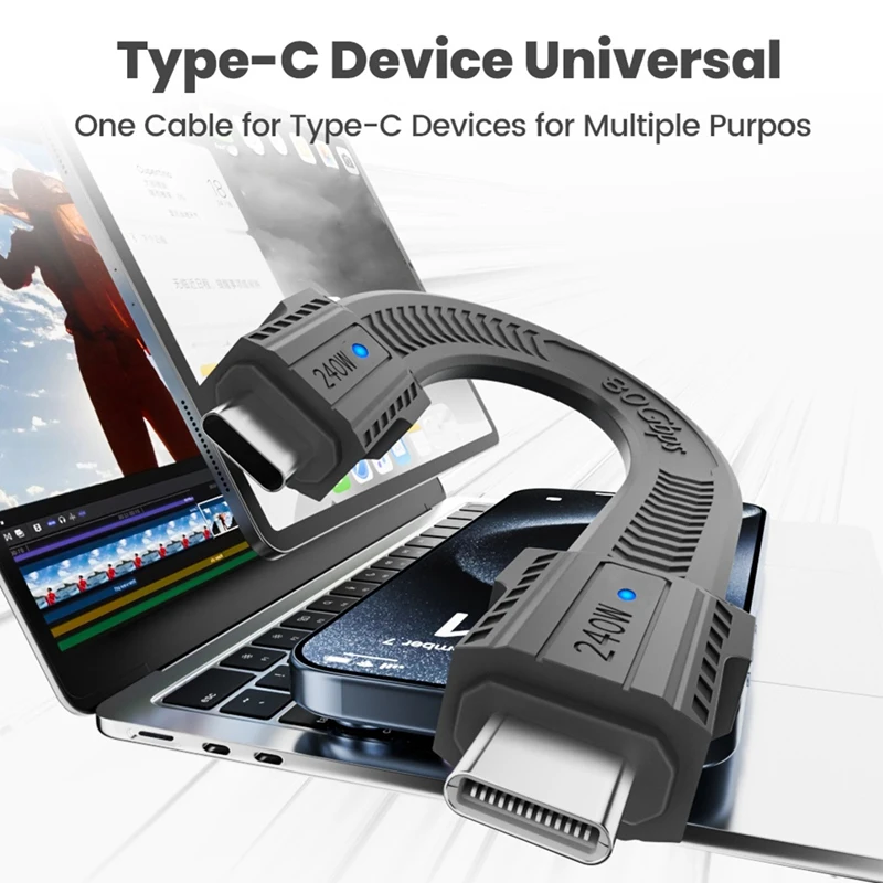 FULL-Charging Cable With Dust And Anti-Lost Cap Indicator Lights USB C To Type C Cable Functional Soft Wire