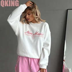 O-Nekc Letter Embroidery Dopamine Color Matching Pullover Hoodie Winter Versatile Sports Long Sleeves Tops Coat