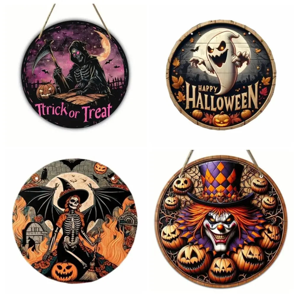 

Room Wall Decor Wooden Halloween Wreath Logo Vintage Retro Pumpkin Head Art Decoration Funny Round Hanging Pendant Bar