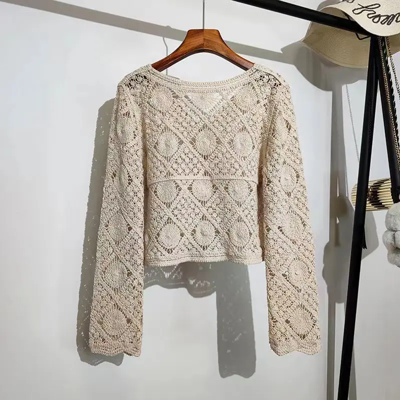 جوفاء واقية من الشمس سترة قميص أزياء مثير الربيع الصيف بلوزات من الدانتيل جديد الكورية فضفاضة طويلة الأكمام الجوف خارج بلوزة #3