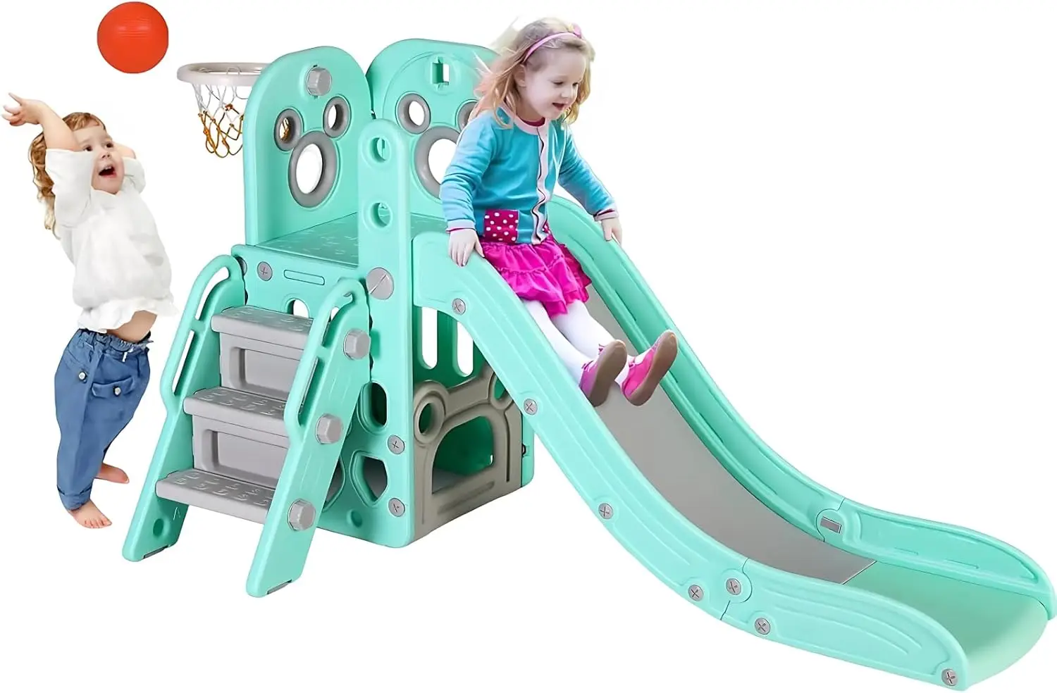 

6 in 1 Toddler Slide with Basketball Hoop & Telescope, Non-Slip Steps, Indoor Outdoor Playset, Light Green