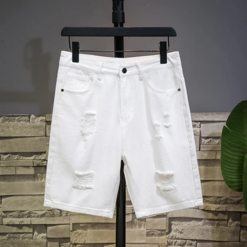 New White Jeans Shorts Men Ripped Hole Frayed Knee Length Classic Simple Fashion Casual Slim Denim Shorts Male High Quality