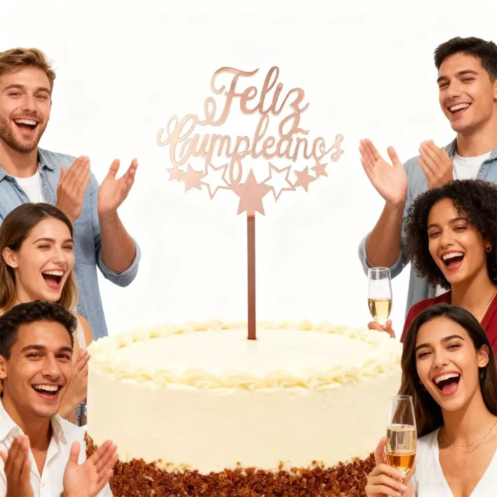 Acylic Feliz Cumpleanos Espanol Spanish Happy Birthday Cake Topper Gold Crown Design Cupcake Baking Supplies Party Decoration