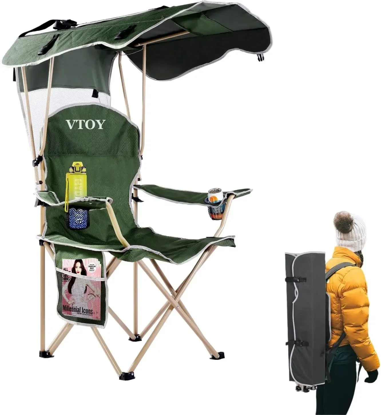 Foldable camping chair with two cup holders and storage bag for 50 inch high x 36 inch broadband sunshade