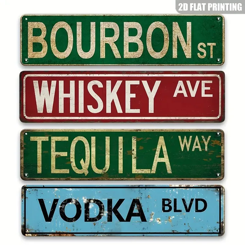2D Plane - 4pcs Retro Wooden Sign Set, Including Street Names Such As Vodka Avenue, Whiskey Street, And Tequila Road