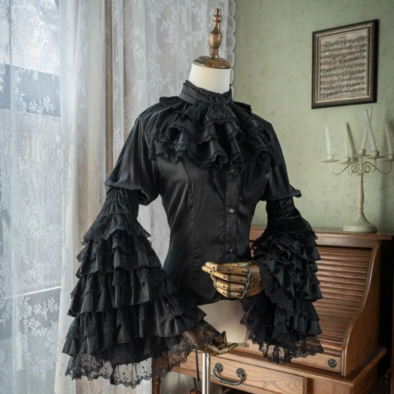 

Fashion Heavy Lolita Shirt Women Lace Patchwork Fungus Flare Sleeve Blouses 2025 Spring Autumn New Bottoming Tops Mujer