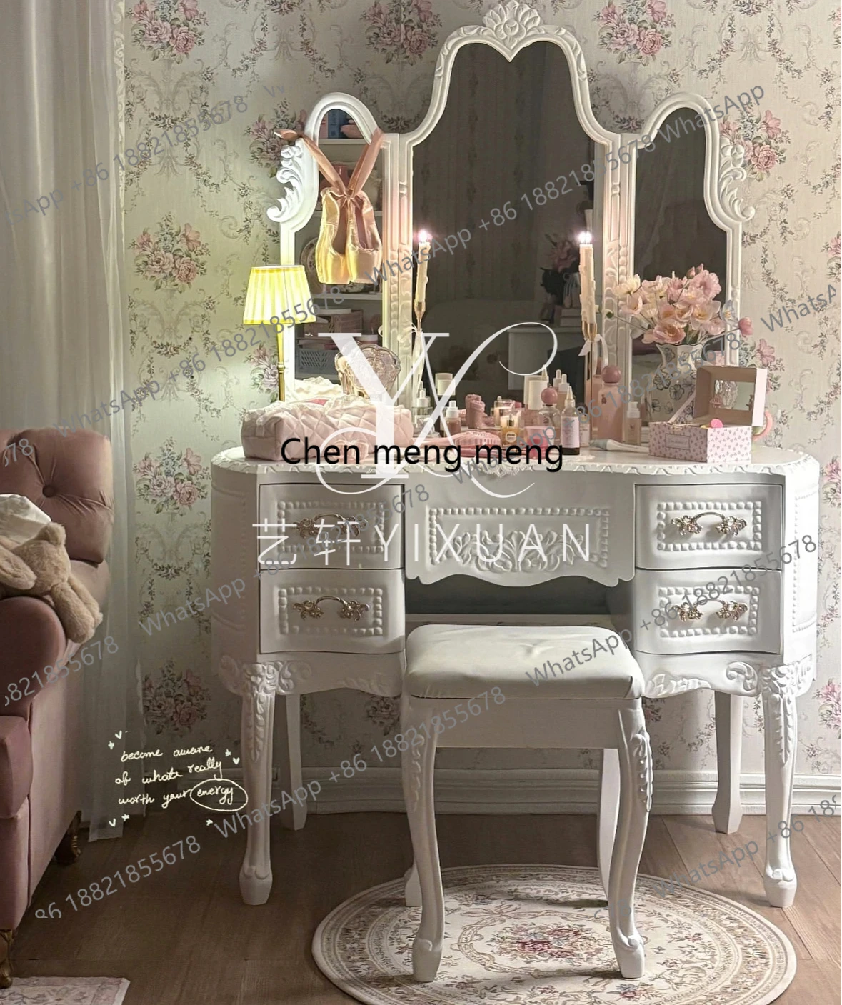 

French retro solid wood engraving dressing table Nordic bedroom girl style white makeup table furniture customization