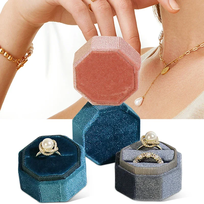 Octagon Velvet Jewelry Box Muti Color Ring Storage Holder Case Wedding Ring Organizer Display for Woman Gift Earrings Package