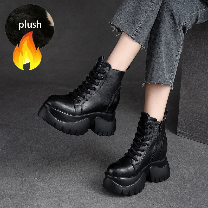 Koznoy 7.5cm Cow Natural Genuine Leather Ankle Boots Autumn British Moccasins Platform Wedge PUNK Fashion ZIP Spring Women Shoes