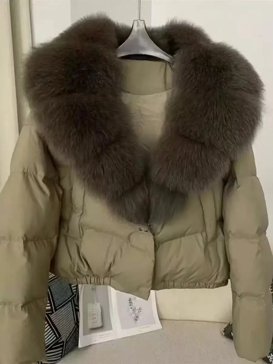 

Short Puffer Jacket Thick New Big Natural Real Fox Fur Jacket Women Autumn Winter Female White Duck Down Coat