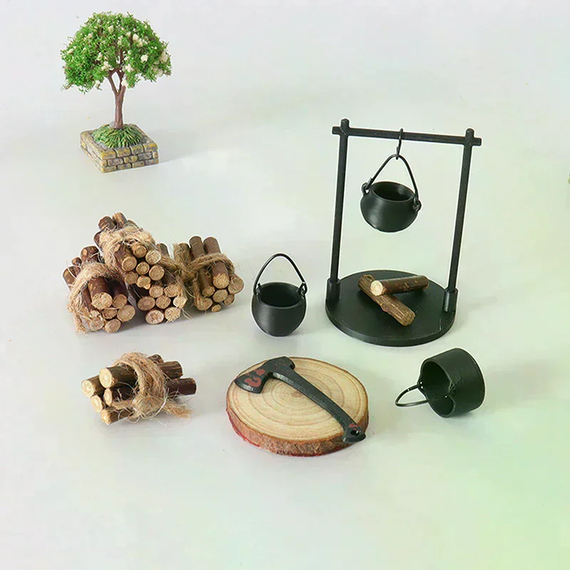 Campfire y tetera en miniatura, decoraciones modernas de escultura en miniatura con temática de fantasía, accesorios para manualidades DIY para el hogar y la cocina