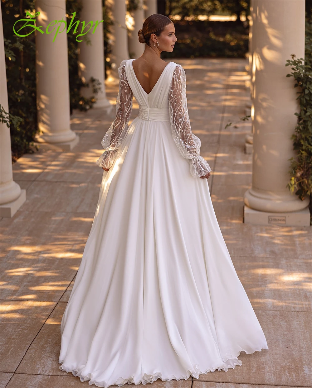 Customized Elegant White Chiffon Wedding Dress Formal V-neck Long Sleeves Bridal Gowns Boho A-Line Court Train Vestido De Novia