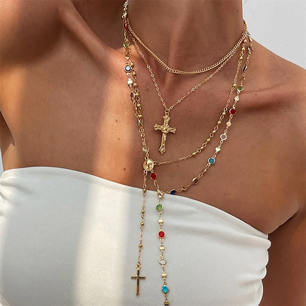 Conjunto de collar con colgante de cruz único para mujer, collar de cristal Simple, cadena para suéter, collar largo en forma de Y, joyería de fiesta Y2K, 3 uds.