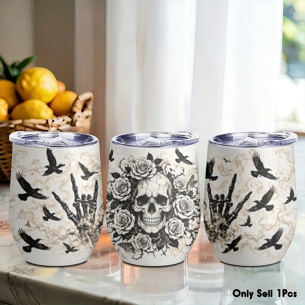 Gothic Skull Rose Ravens Vacuum Flasks 12oz Eggshell Cup With Lid Portable Coffee Cups Travel Household Office Drinking Mug