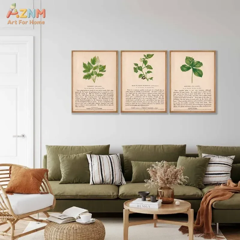 AZNM Vintage Botanical Herb Canvas Wall Art Antique Plant Illustration Print Unframed Canvas Painting Farmhouse Kitchen Decor
