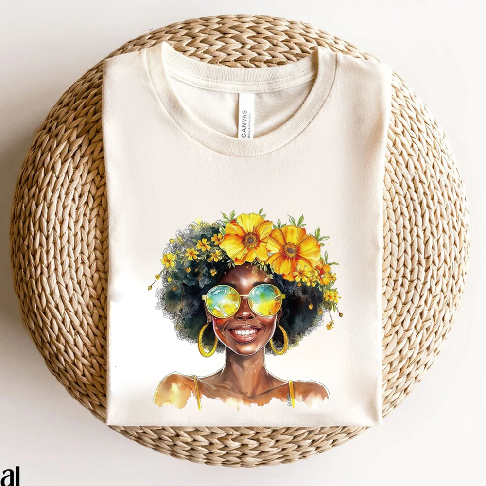 ملصق زهرة فتاة بطباعة ساخنة ، تصميم ملابس ذاتية الصنع ، طباعة نقل تي شيرت قابلة للغسل ، قابل للغسل