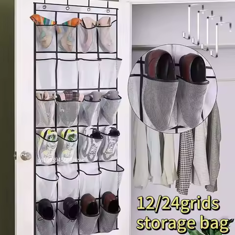 12/24 Compartment Shoe Storage Hanging Bag Behind The Door.Multi Layer Grid.Household Wall Mounted Miscellaneous Storage Net Bag