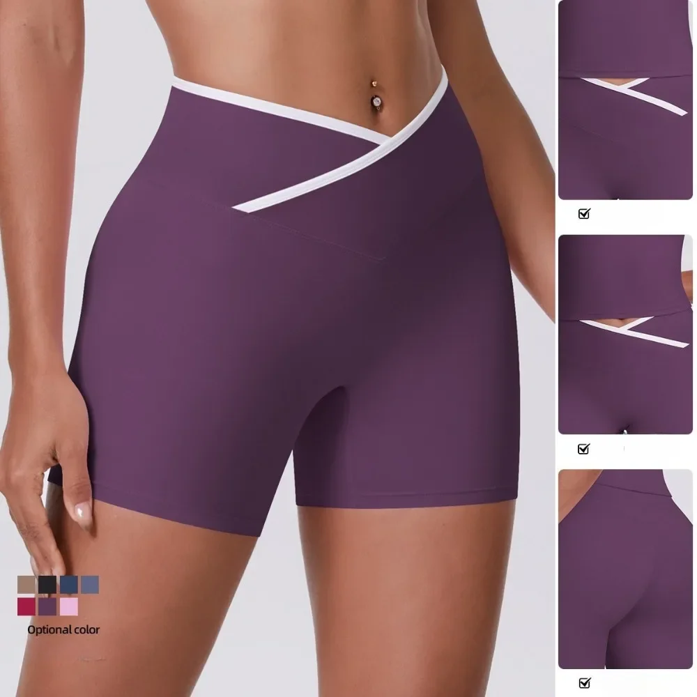 

Women's New European American Yoga Shorts, Color-Block Cross High-Waist Tight Design, Athletic Running Fitness Workout Shorts