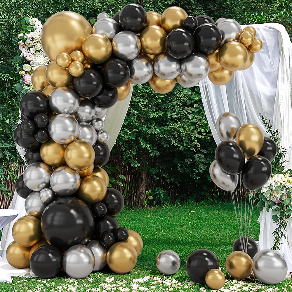 141PCS Black Gold And Silver Balloon Garland Arch Kit Metallic Gold Chrome Silver Balloons For  Birthday Party Decorations