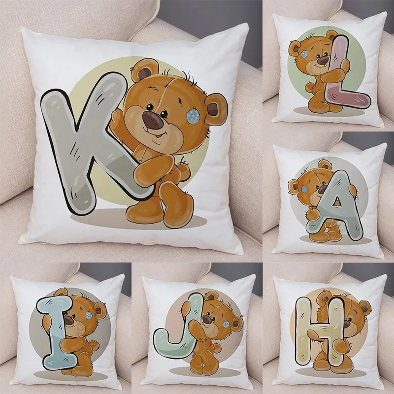 Cute Cartoon Bear Animal Cushion Cover for Sofa Children Room English Letter Print Pillow Case Short Plush Pillowcase 45x45cm