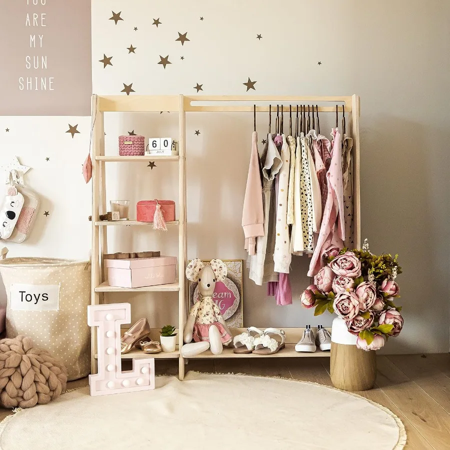 خزانة ملابس - رف ملابس خشبي مع رف عرض حاجز معلق لـ - خزانة مفتوحة لأثاث الملابس بنفسك لسهولة التجميع