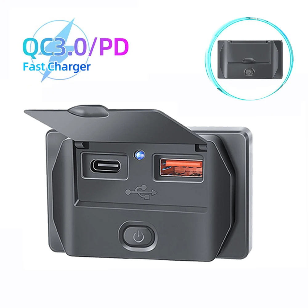 

PD Type C QC 3.0 USB Fast Charger Socket with Switch LED Light Power Outlet Quick Charge for 12V 24V Car Motorcycle RV Boat