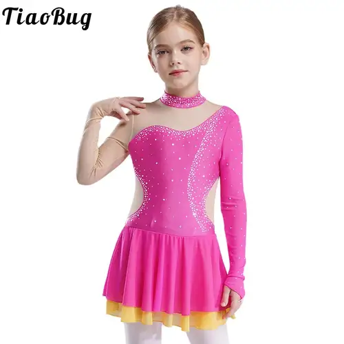 Vestido de Ballet de patinaje sobre hielo para niñas, tutú de malla transparente con diamantes de imitación, falda, leotardo, gimnasia rítmica, traje de baile lírico