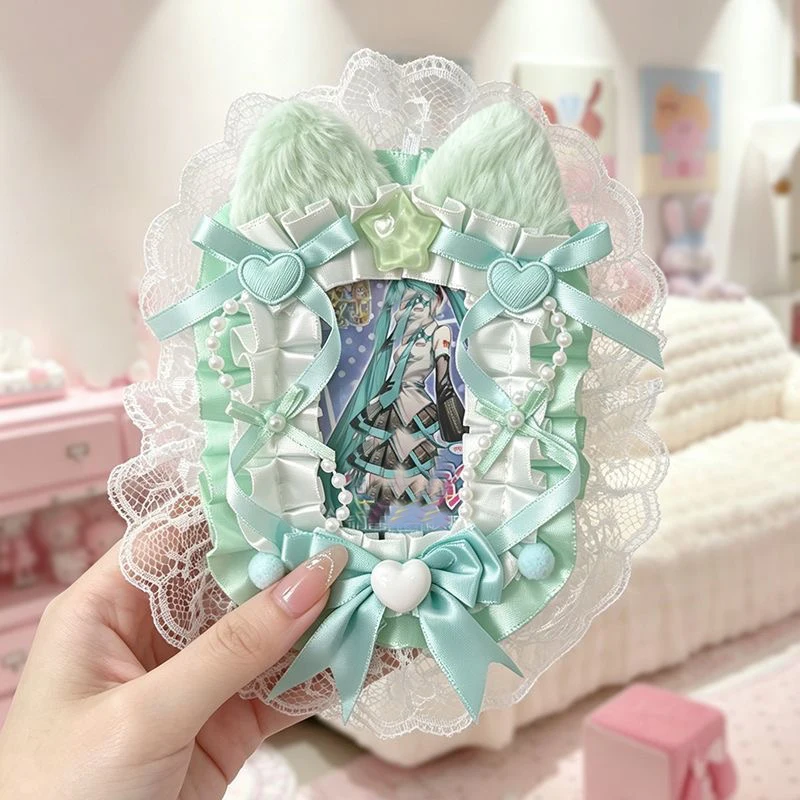 Plush Cat Ear Heart Lace Photocard Display Card Holder Lolita Bow 3 Inch KPOP Photocard Decor Border Macaron Color Polaroid Photo Frame Anime Kuka Idol Collection Itabag Itaplate Decor Ornament photocard topper