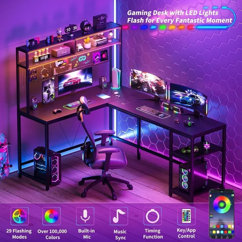 L Shaped Mesa Gaming com Hutch e Pegboard, Luzes LED, Black Corner Computer Desk, Prateleiras de armazenamento, 67\