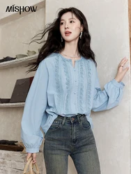 MISHOW 100 Cotton Retro French Hollowed Out Shirt Women 2024 Autumn Korean O Neck Top Solid Commute Straight Shirts MXD46X1686