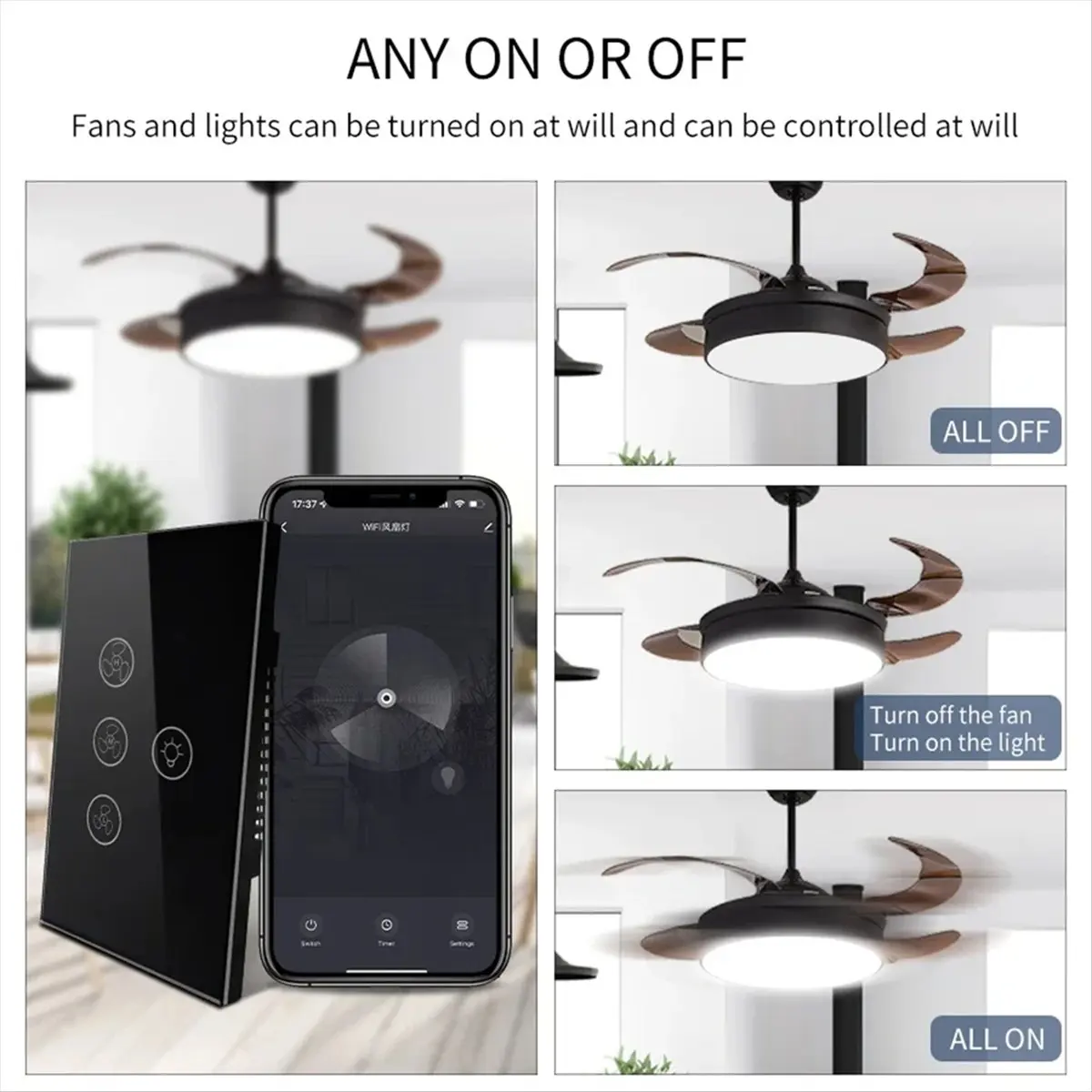 【New!】 Tuya Wifi Smart Switch Fan Light Ceiling Fan Light Switch Speed Adjustment for Alexa Google Home Voice Control Switch,A