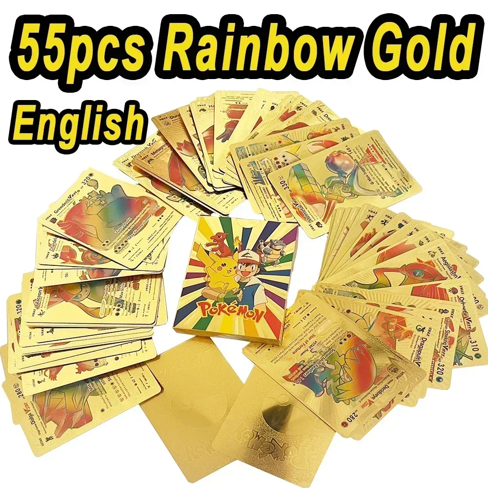 Pokemon 55pcs Game Cards English Spanish French German Pikachu Card Set Gold Silver Black Game Collector Tabletop Battle Cards