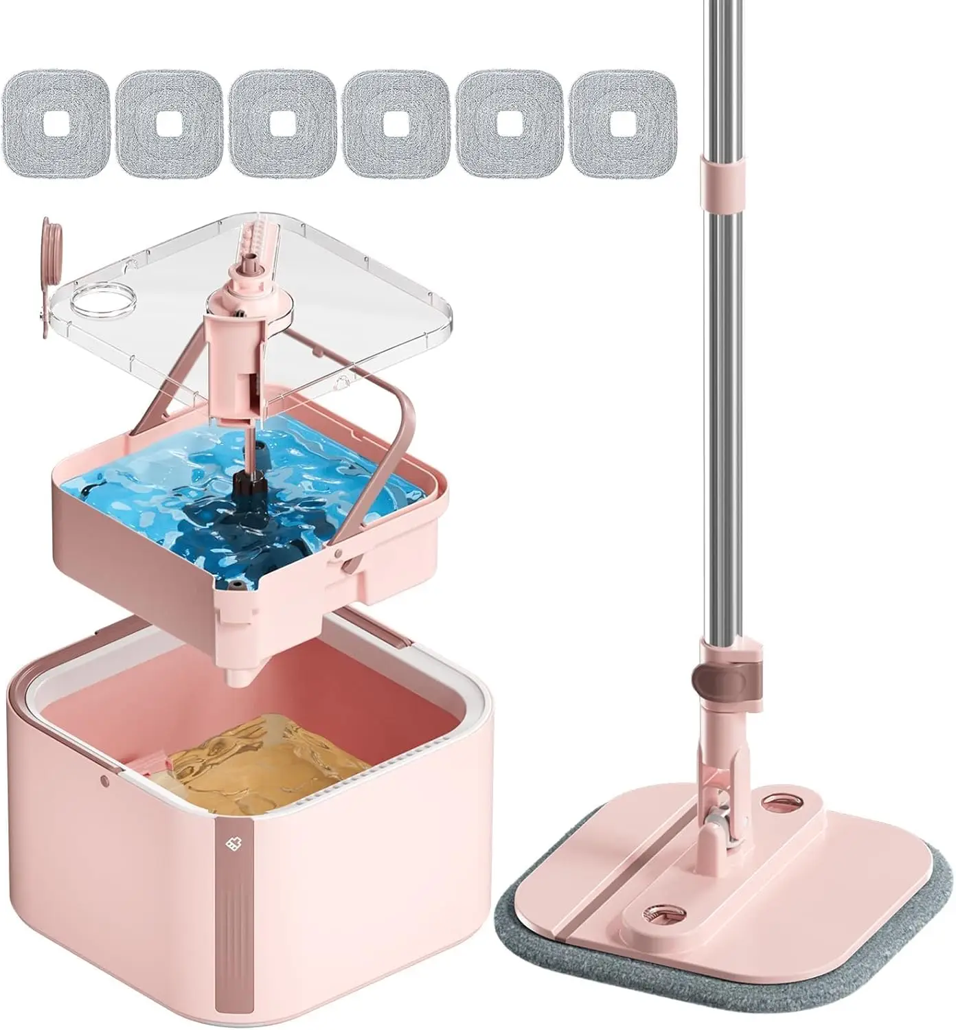 

Self-Wringing Spin Mop Set with Clean/Dirty Water System, 360° Rotating Head, 6 Pads for Home Floors (Pink)