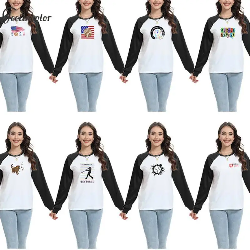 

2024 Women Sweatshirt Fashion Sports Girls Print Casual Sweatshirts Raglan Shirts Female Round Neck Hoodies Chic Clothing