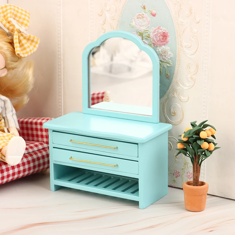 1:12 Dollhouse Mini Dressing Table W/Mirror Storage Cabinet Mirror Cabinet Storage Cupboard Model Bathroom Furniture Decor Toy