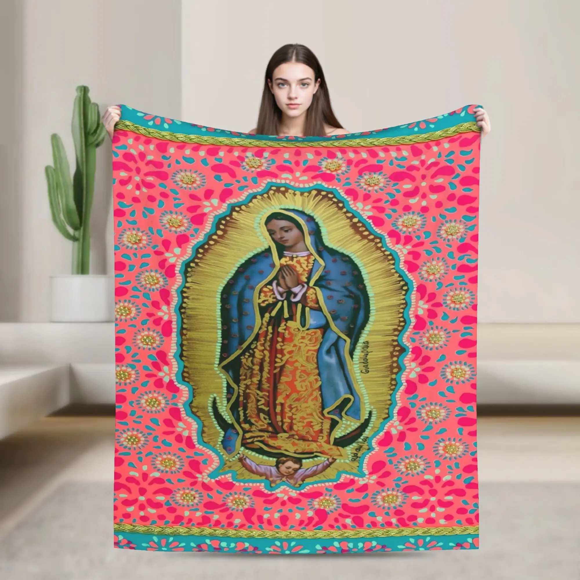 Virgin Mary Cherubs Rose Flannel Blanket  Super Warm Bedding Throws for Couch Chair Travel Fashion Bedspread Sofa Bed Cover
