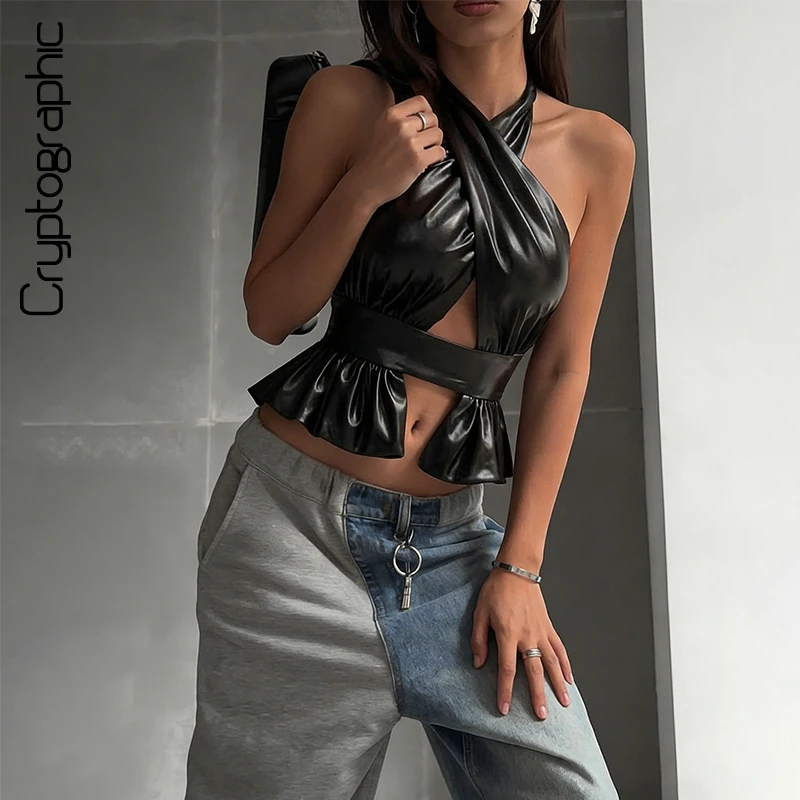 

Pu Leather Cross Halter Ruffle Backless Crop Tank Top Y2K Edgy Going Out Clubwear Night Out Summer 2026