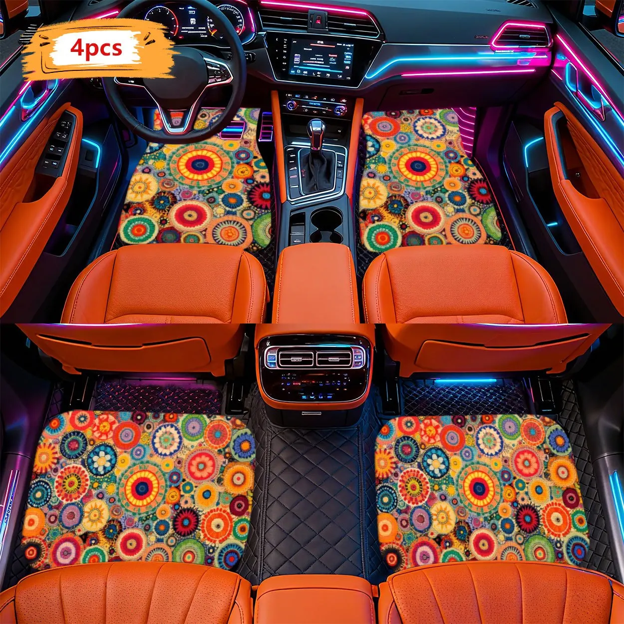 2D Floor Mats With A Bohemian Style Featuring Colorful Circular Patterns - Suitable For Various Car Models, Easy To Clean, And M