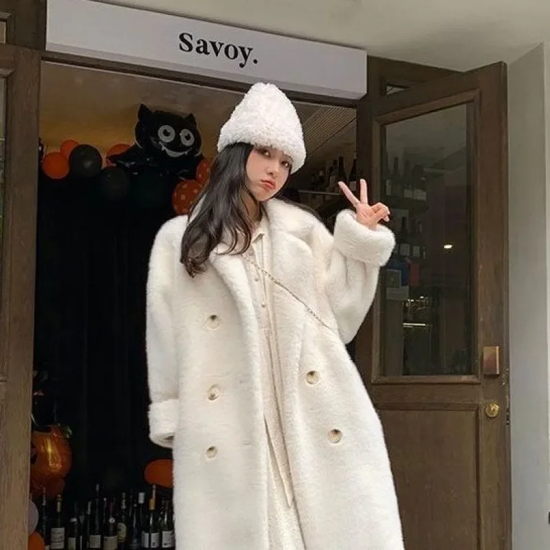 المرأة متوسطة طويلة Tstyle سميكة فو الفراء سترة الشتاء أوف وايت أفخم معطف التلابيب الدافئة جيوب عادية معطف النساء الملابس
