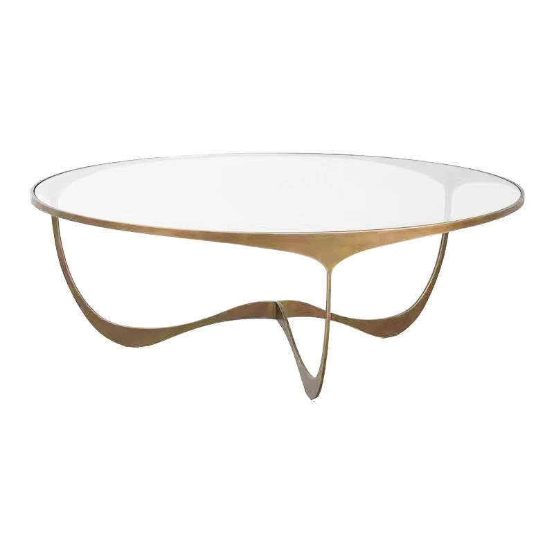 French retro round line coffee table metal glass premium copper living room coffee table table