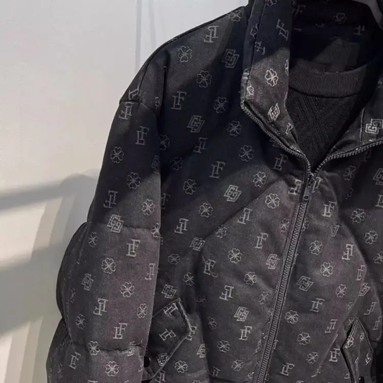 Winter down jacket men's trendy brand ins short thickened stand-up collar tooling black casual jacquard duck down jacket