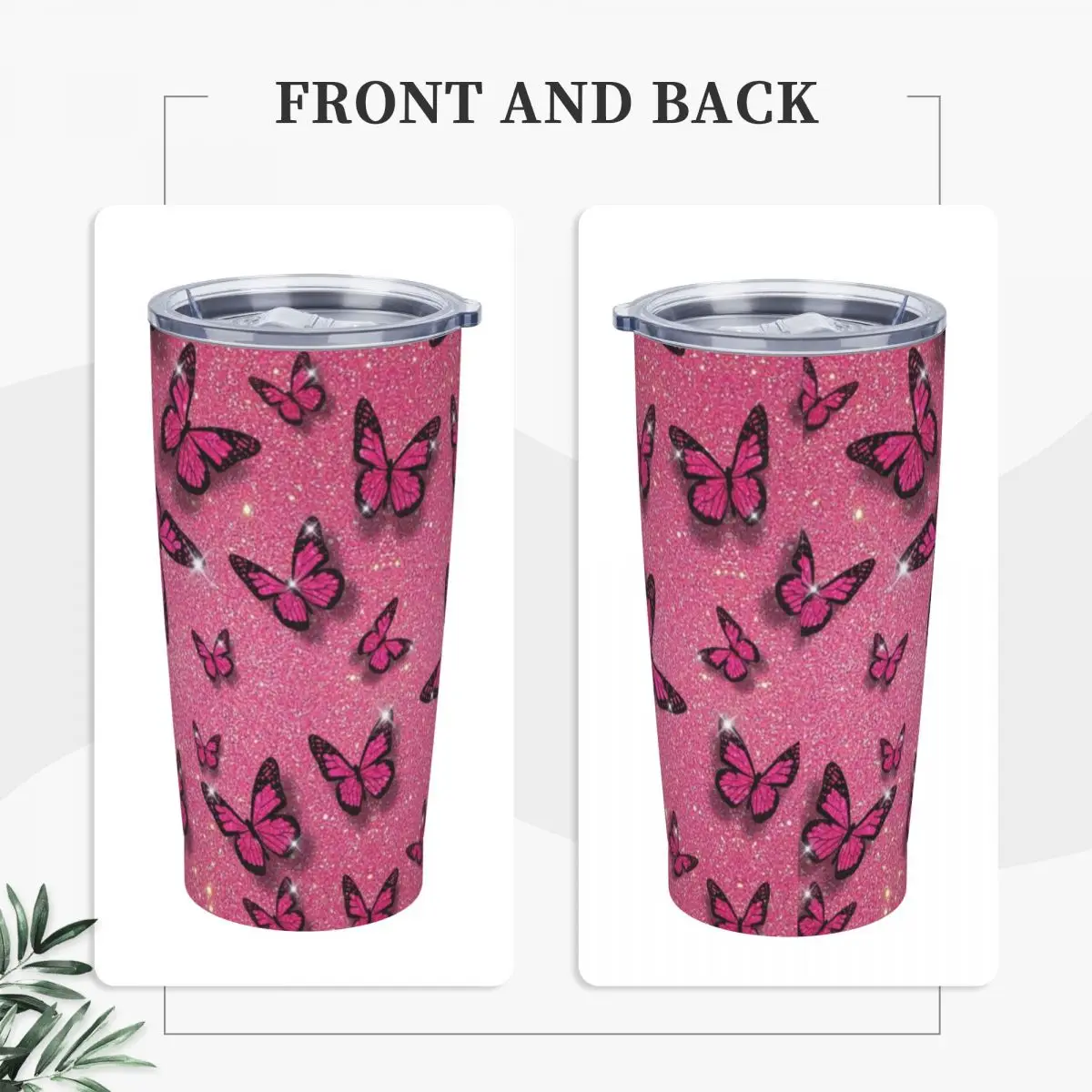 Pink Butterfly Stainless Steel Tumbler Nature Travel Thermal Cups With Straws and Lid 20oz Car Mugs Hot Drinks Water Bottle