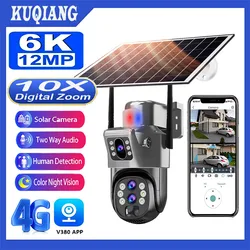 10x zoom 4G Sim Outdoor Solar Camera 12MP 6K Three Lens Auto Human Tracking IP PTZ Surveillance Camera Solar Panel Battery CCTV