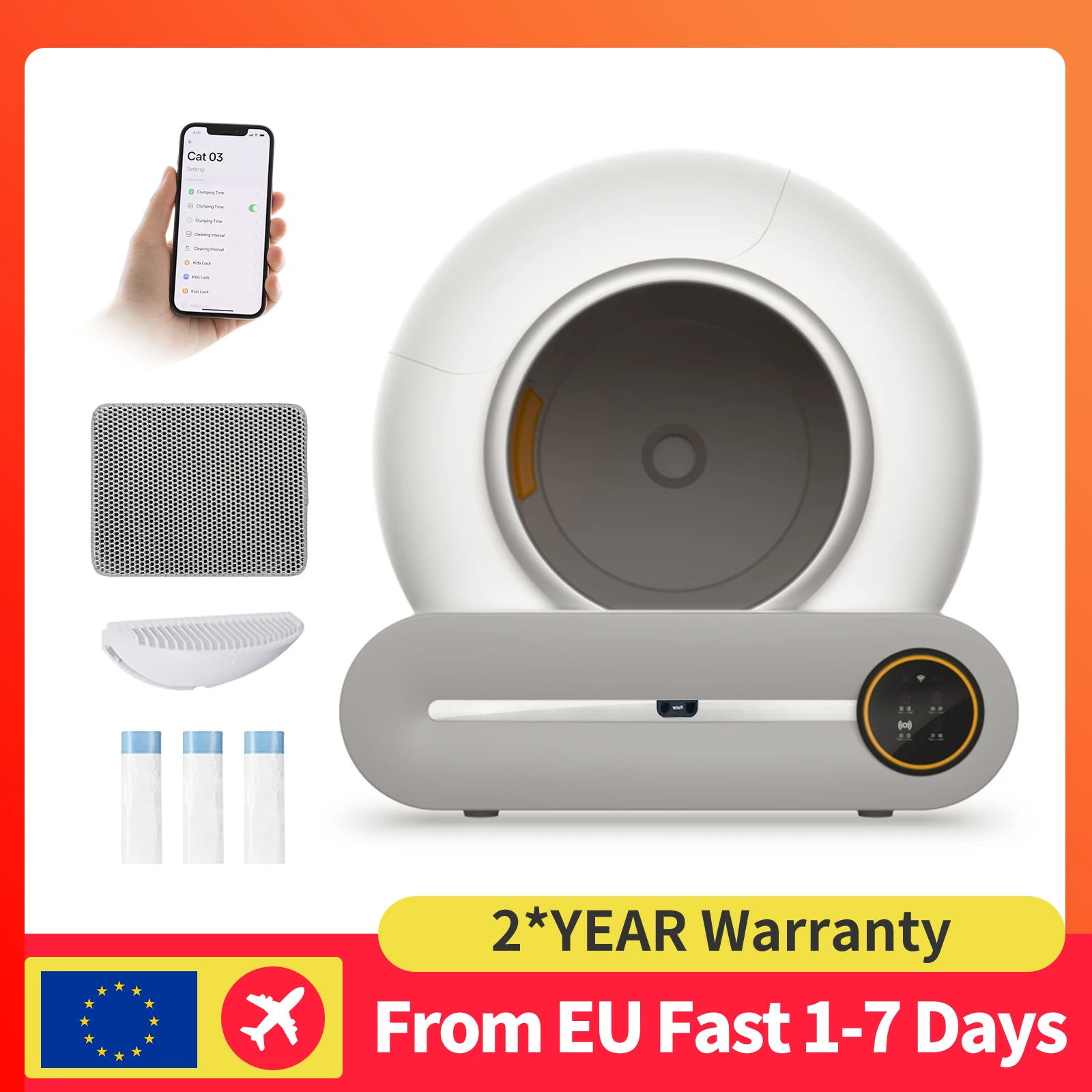 Bac à litière intelligent pour chat, nettoyage automatique, grande capacité de 65L, contrôle par application, toilette pour chat semi-fermée, version anglaise + prise EU