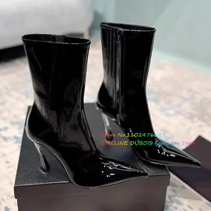 

Black Patent Leather Fashion Boots Pointy Toe Metal Heel British Style Side Zipper High Heel Designer Brand Short Boot for Women