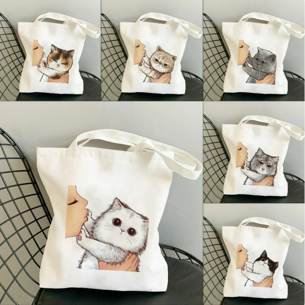 

"Don't kiss cat."Cute cat Pattern Canvas Tote Bag - Stylish Durable Shoulder Bag for Everyday Use, Ideal for Trendy Fashionistas
