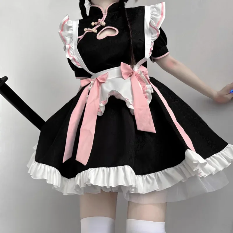 Chinese Style Maid Costumes Anime Lolita Sweet Pink Cheongsam Dress School Girl Halloween Animation Show Role Play Maids Outfit